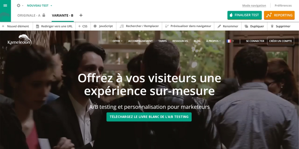 Nouvelle interface d'AB testing Kameleoon