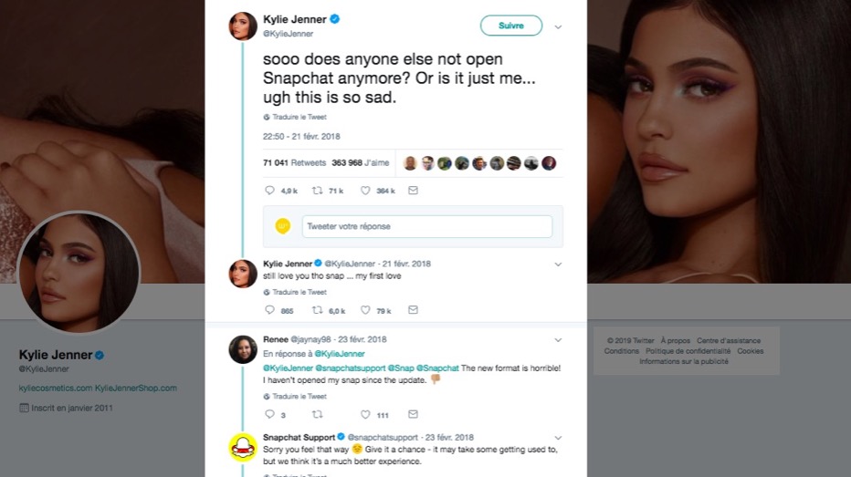 Un simple tweet de Kylie Jenner sur Snapchat, à propos de sa nouvelle interface, avait suffit à la startup américaine pour perdre 1,3 milliards de dollars en bourse