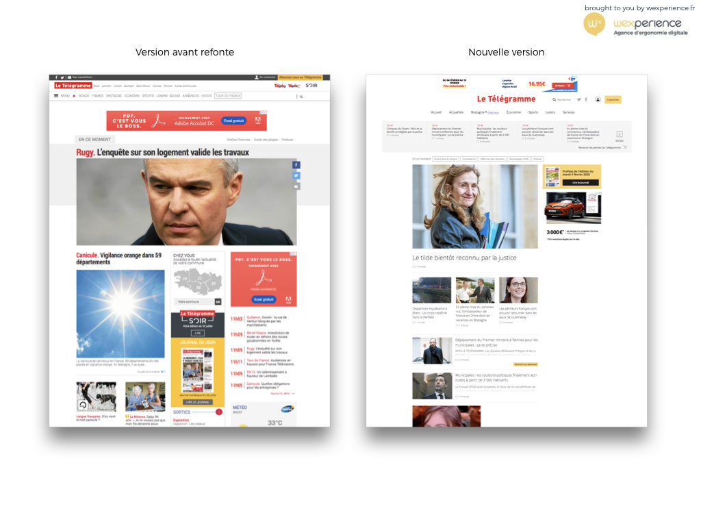 Site web de letelegramme.fr avant et après sa refonte en 2020