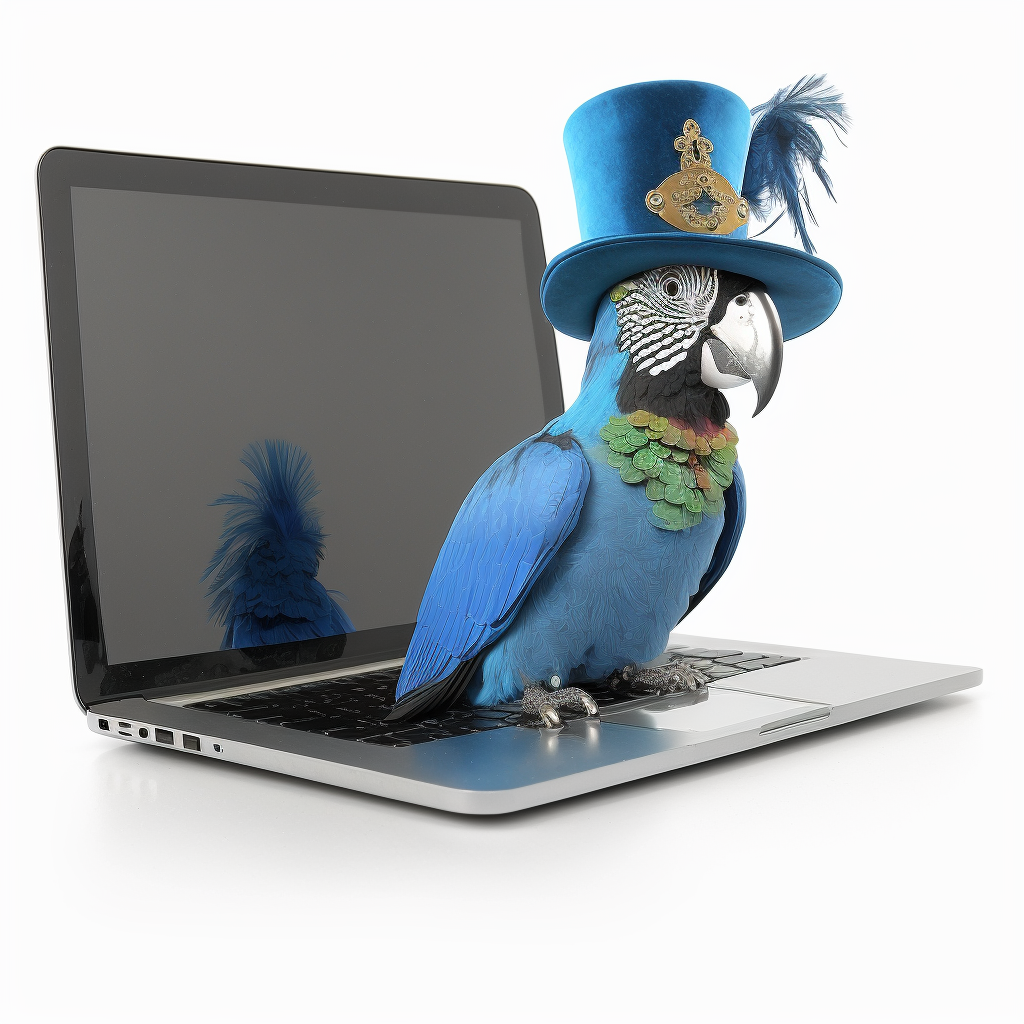 perroquet bleu avec un chapeau sur un ordinateur
