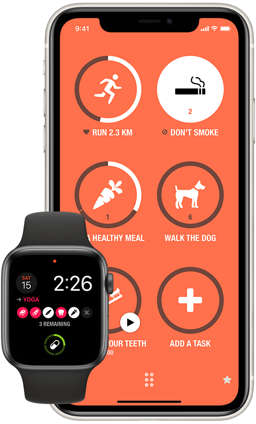 Photo d'un iPhone et d'une Apple Watch montrant l'application Streaks, qui aide à prendre de bonnes habitudes en créant un streak.
