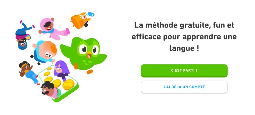Premier écran du tunnel d'inscription à Duolingo