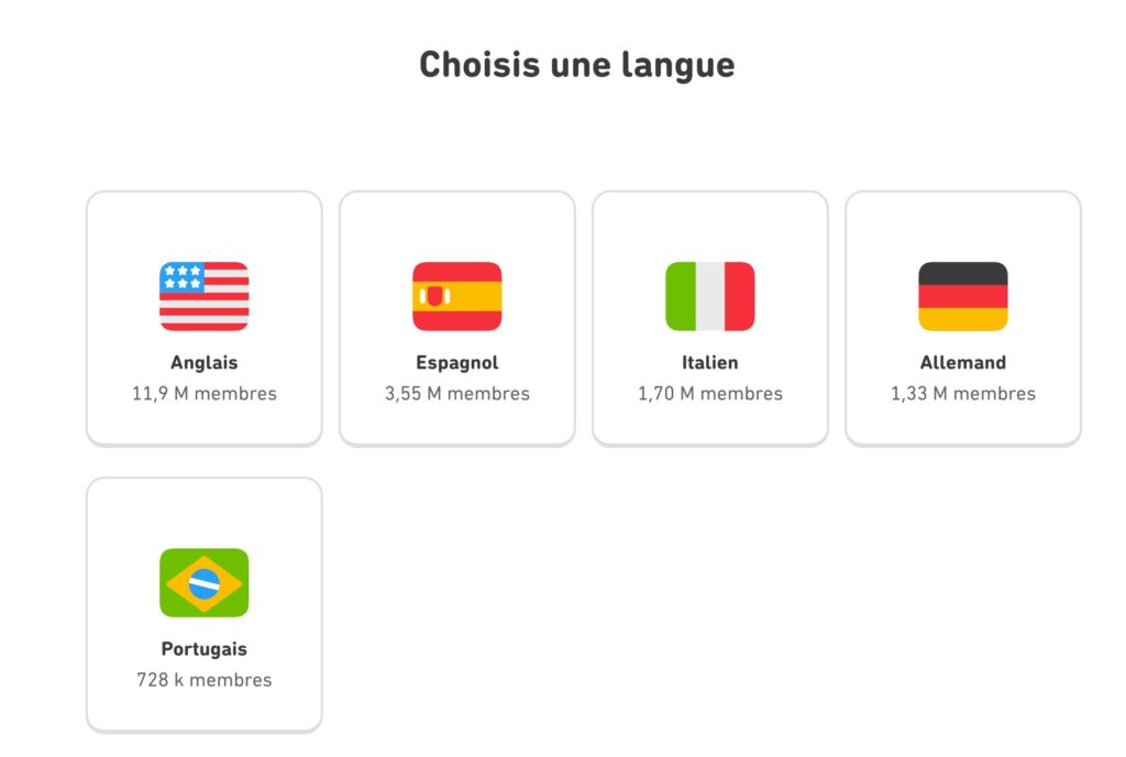 Écran de choix de la langue dans Duolingo
