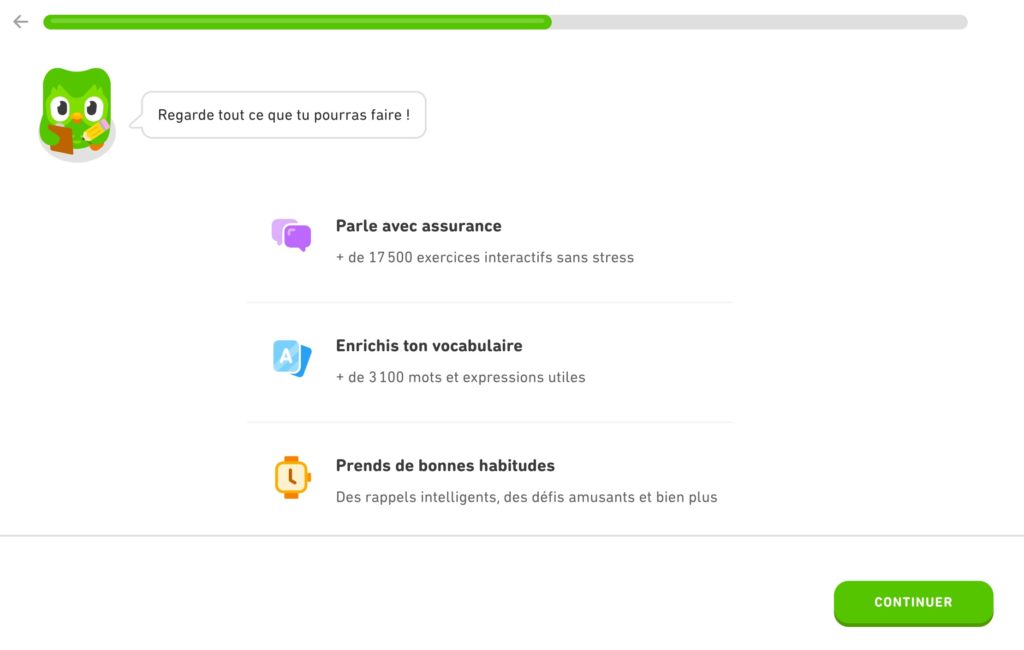 Écran de présentation de l'offre de Duolingo