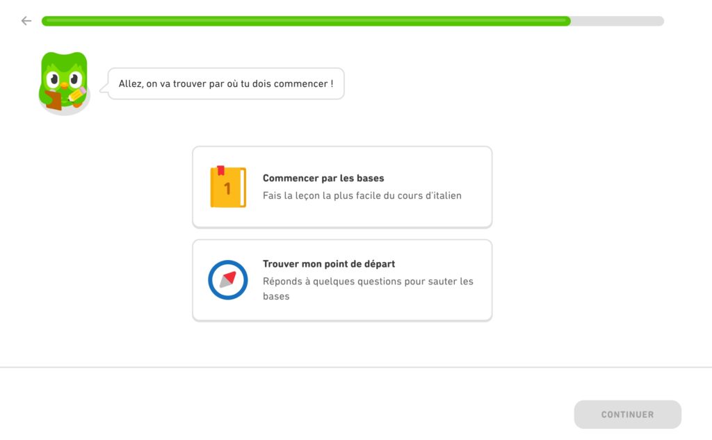 Dernier écran du tunnel d'inscription de Duolingo