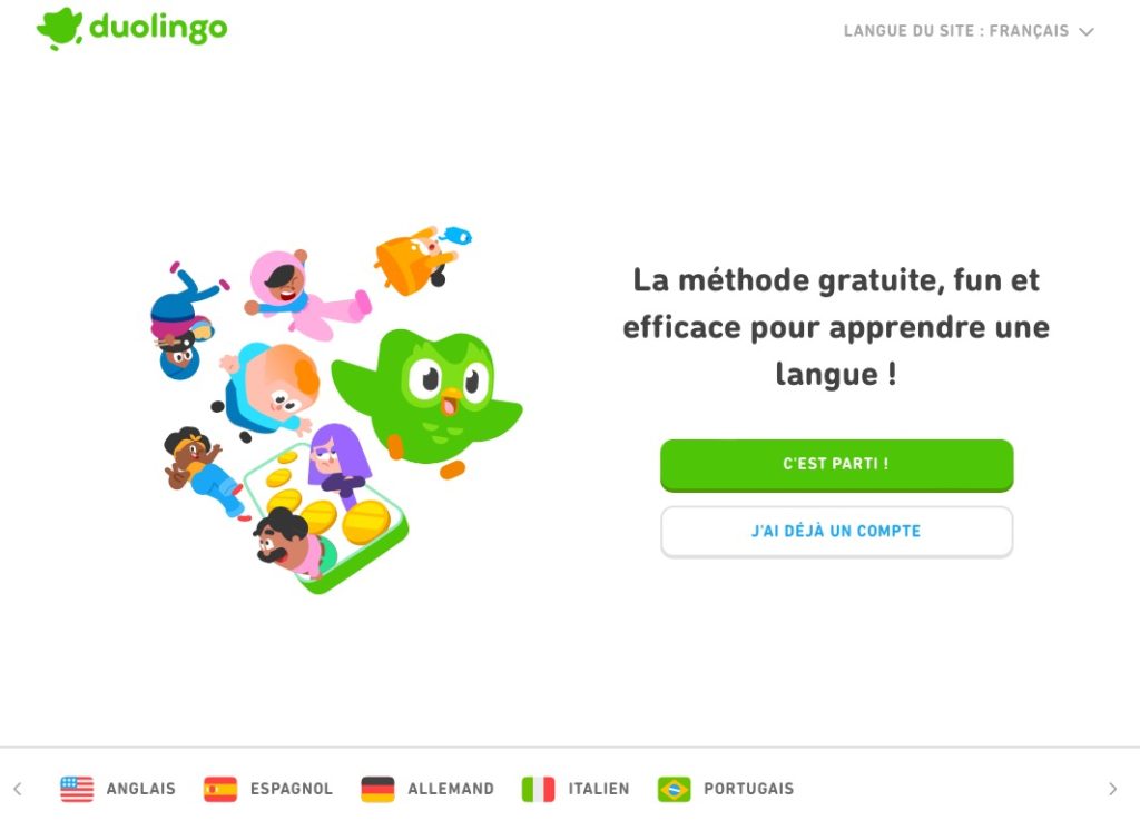 Page d'accueil de Duolingo sur desktop