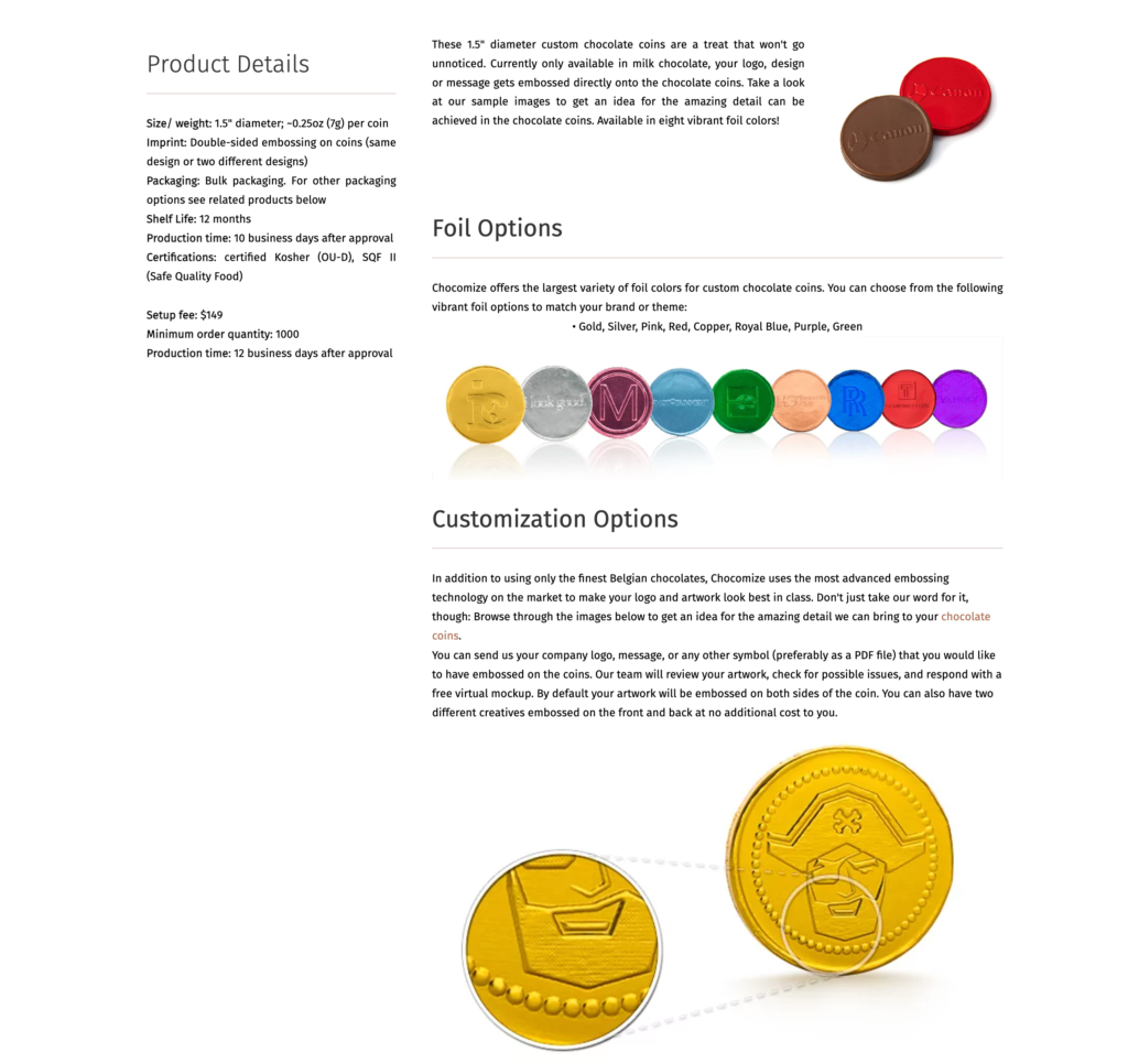 Milieu de page de la fiche produit de Chocomize