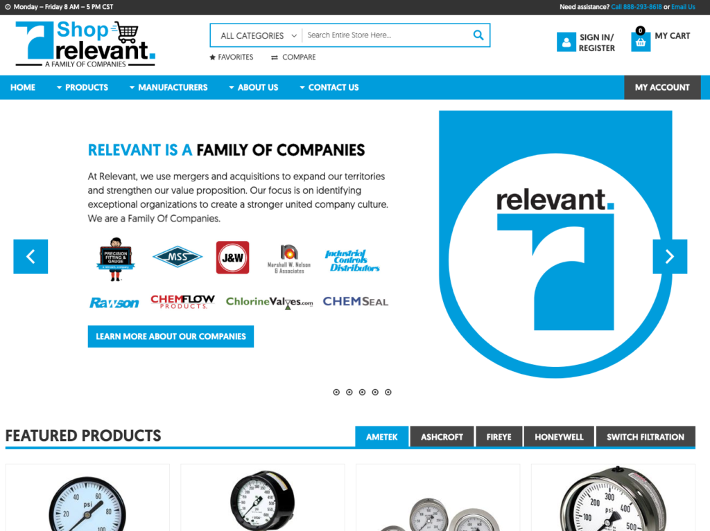 Page d'accueil de ShopRelevant.com, une entreprise spécialisée dans la distribution de matériel pour l'industrie