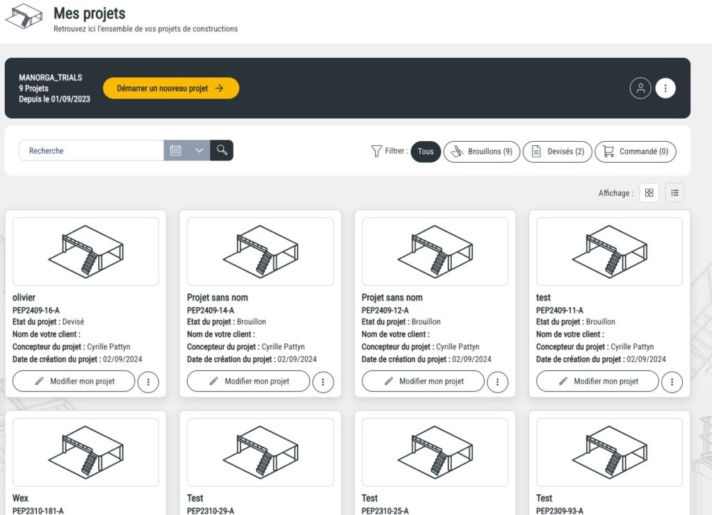 Projets enregistrés dans l'interface de Manorga