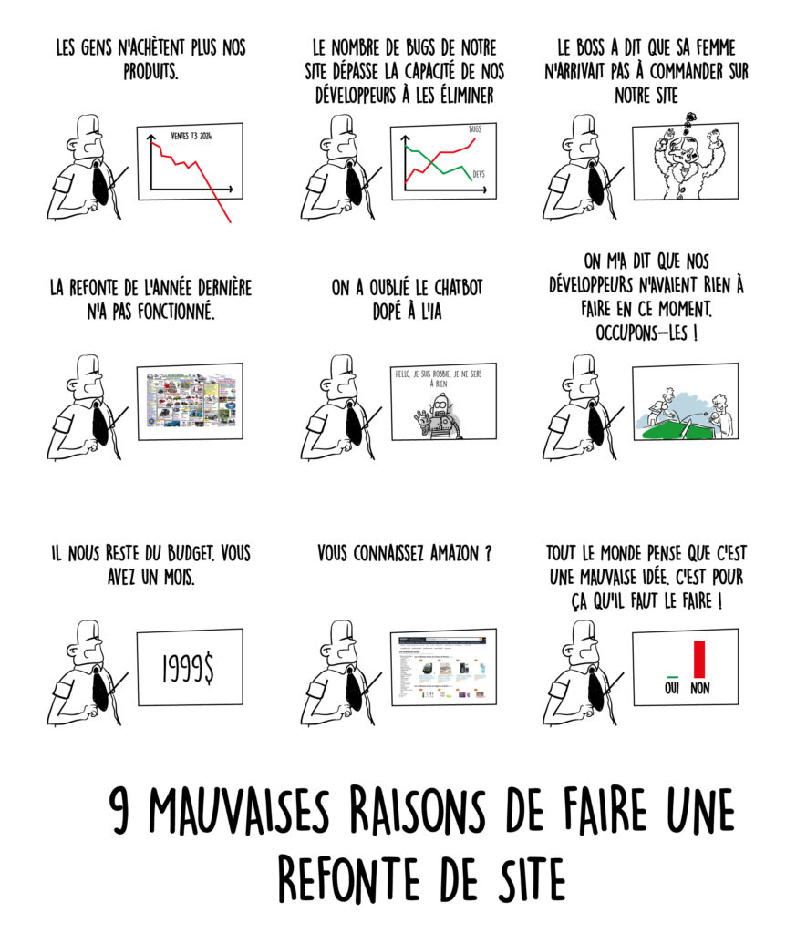 Illustration humoristique intitulée "9 mauvaises raisons de faire une refonte de site", présentant des dessins caricaturaux avec des exemples absurdes et ironiques de justifications pour refondre un site web, telles que "Les gens n’achètent plus nos produits", "Le boss a dit que sa femme n’arrivait pas à commander sur notre site" ou "Il nous reste du budget, vous avez un mois".