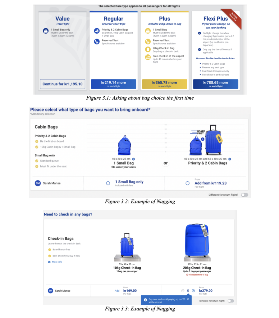 `Capture d'écran montrant des exemples de choix tarifaires pour des vols avec différentes options de bagages, y compris les tarifs "Value", "Regular", "Plus" et "Flexi Plus", suivis d'illustrations de pratiques de conception incitant à ajouter des options de bagages via des visuels et des coûts additionnels.`