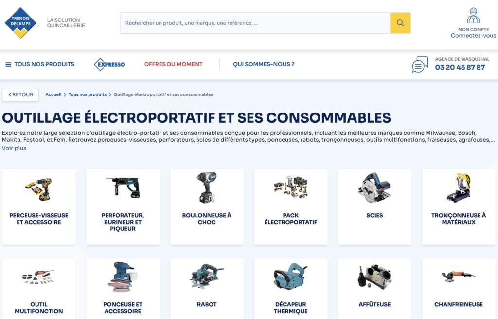 Page web du site Descamp, spécialisé dans la vente d'outillage électroportatif et de ses consommables. Elle affiche diverses catégories d'outils électriques, incluant des perceuses, des scies, et des rabots, avec des images illustratives pour chaque type de produit.