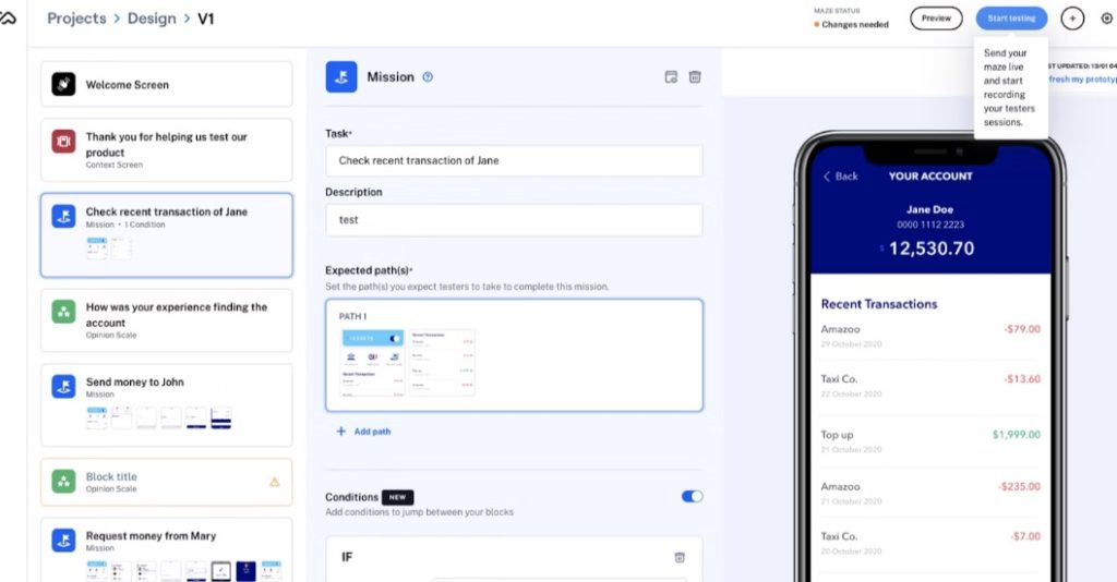 L'interface de l'outil Maze, utilisée pour définir une mission de test utilisateur en simulant un parcours dans une application bancaire, avec des étapes prévues et un aperçu interactif du prototype sur un écran mobile.