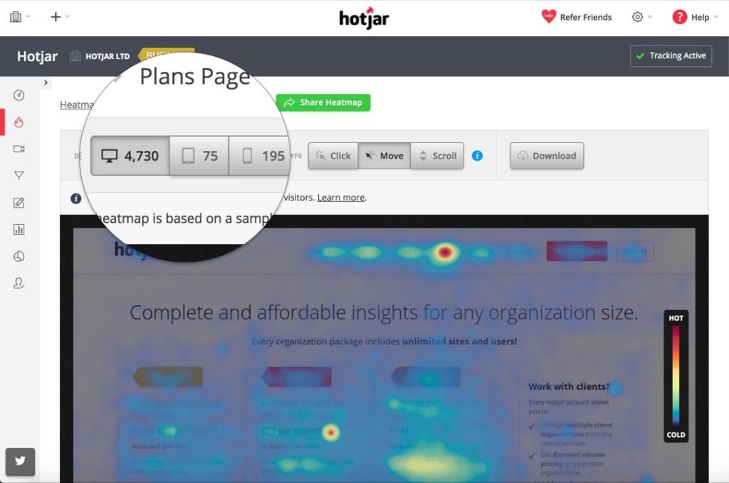 Heatmap Hotjar d'une page web, mettant en évidence les zones les plus cliquées par les utilisateurs sur différents appareils (ordinateurs, tablettes, mobiles) pour analyser et optimiser l'expérience utilisateur.