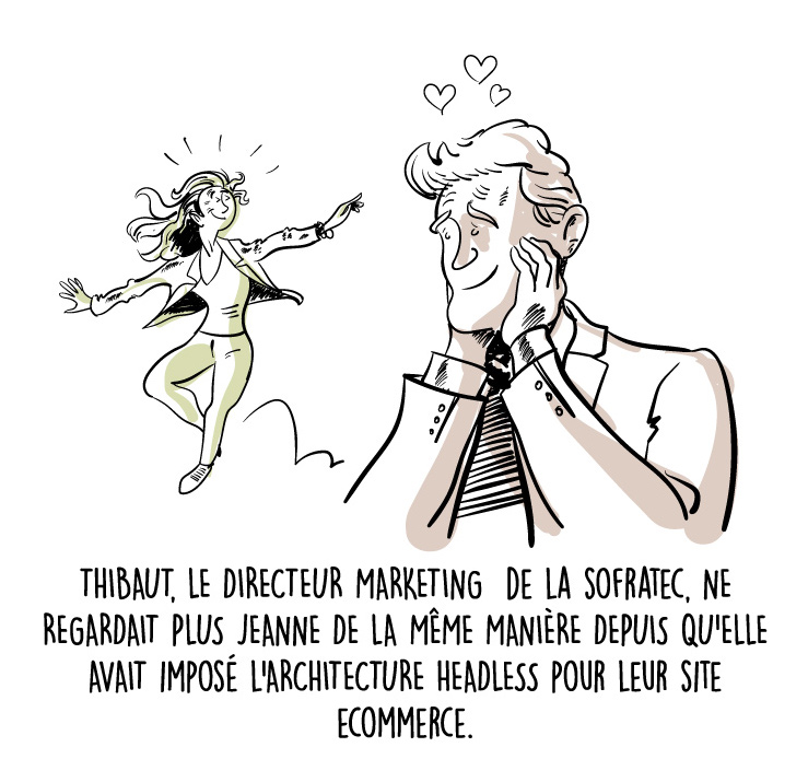 Illustration humoristique d'un homme en costume tombant amoureux d'une jeune femme dynamique après qu'elle a adopté une architecture headless pour leur site e-commerce.