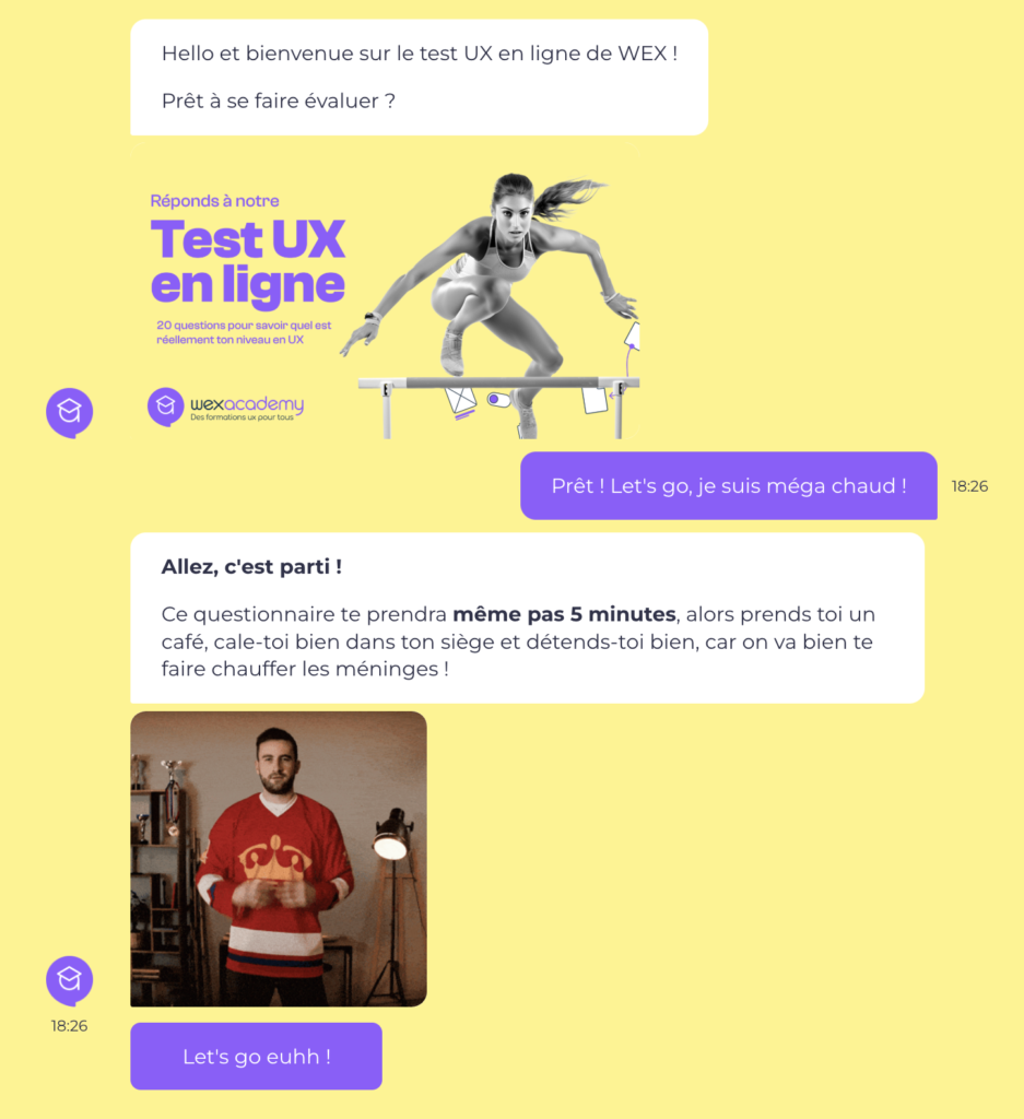 interface conversationnelle promotionnelle utilisée pour inviter les utilisateurs à participer à un test UX en ligne proposé par Wex Academy.