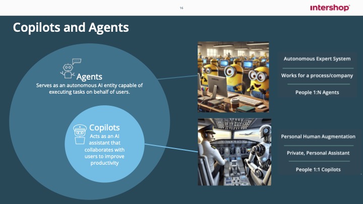 Diapositive "Copilots and Agents" : explication des rôles des agents autonomes et des copilots AI, avec des illustrations de Minions et d'un cockpit d'avion. 