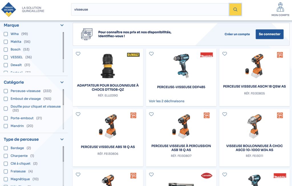 Capture d'écran d'une page de résultats de recherche sur le site Trenois Descamps pour le terme 'visseuse'. La page affiche des filtres sur la gauche pour affiner la recherche par marque, catégorie et type de perceuse. Les produits affichés incluent des perceuses-visseuses de marques telles que Makita et Wiha, ainsi qu'un adaptateur pour boulonneuse à chocs.