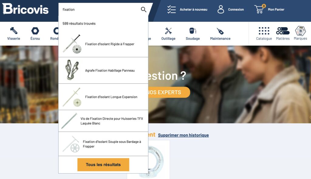 Capture d'écran du site Bricovis affichant une recherche pour 'fixation'. Une liste déroulante affiche 599 résultats trouvés, incluant divers types de fixations comme la 'Fixation d'isolant rigide à frapper', l''Agrafe fixation habillage panneau', la 'Fixation d'isolant longue expansion' et la 'Vis de fixation directe pour huisseries TFX laquée blanc'. En arrière-plan, l'interface du site présente des catégories comme 'Outillage', 'Soudage' et 'Maintenance'.
