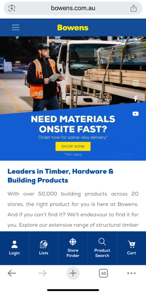 Page d'accueil de Bowens.com version mobile. Une interface optimisée pour les acheteurs en mobilité avant tout.