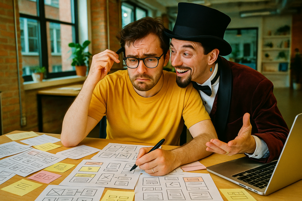 Un designer épuisé et concentré travaille sur des croquis tandis qu’un magicien robotique, souriant et sûr de lui, lui souffle des idées à l’oreille dans un bureau de startup.