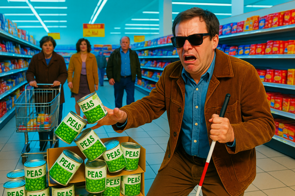 n homme aveugle, portant des lunettes noires et tenant une canne blanche, se cogne dans une pile de boîtes de petits pois en promotion dans un supermarché éclatant de couleurs, tandis que plusieurs clients le regardent, illustrant la difficulté d’accès et d’orientation.