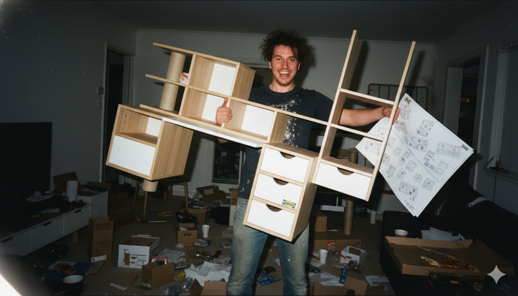 Photo d'un jeune homme ayant monté un meuble IKEA imaginaire (photo générée par IA)