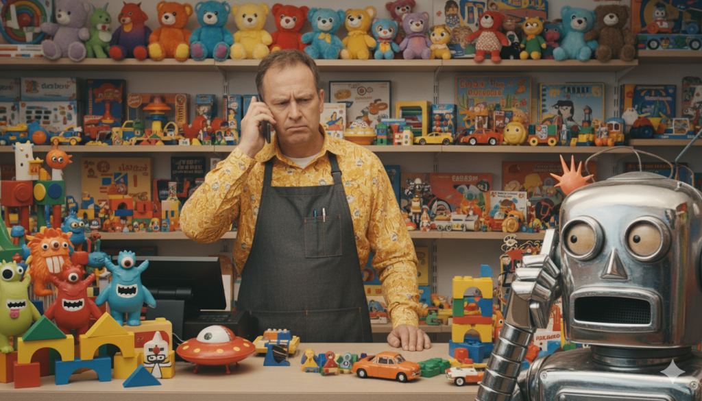 Un commerçant agacé prend un appel dans son magasin de jouets coloré, tandis qu'un robot brillant à ses côtés l'imite avec un téléphone sans fil.