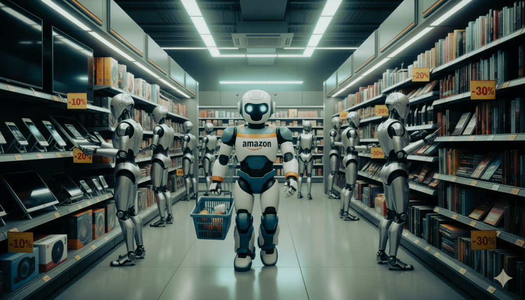 Robot aux couleurs d'Amazon, tenant un panier, se tenant au centre d'une allée de supermarché. D'autres robots sont présents dans les rayons, qui sont remplis de livres et de produits électroniques. Des affiches promotionnelles avec des réductions sont visibles sur les étagères. Cette image symbolise la nouvelle fonctionnalité d'achat automatique de Rufus