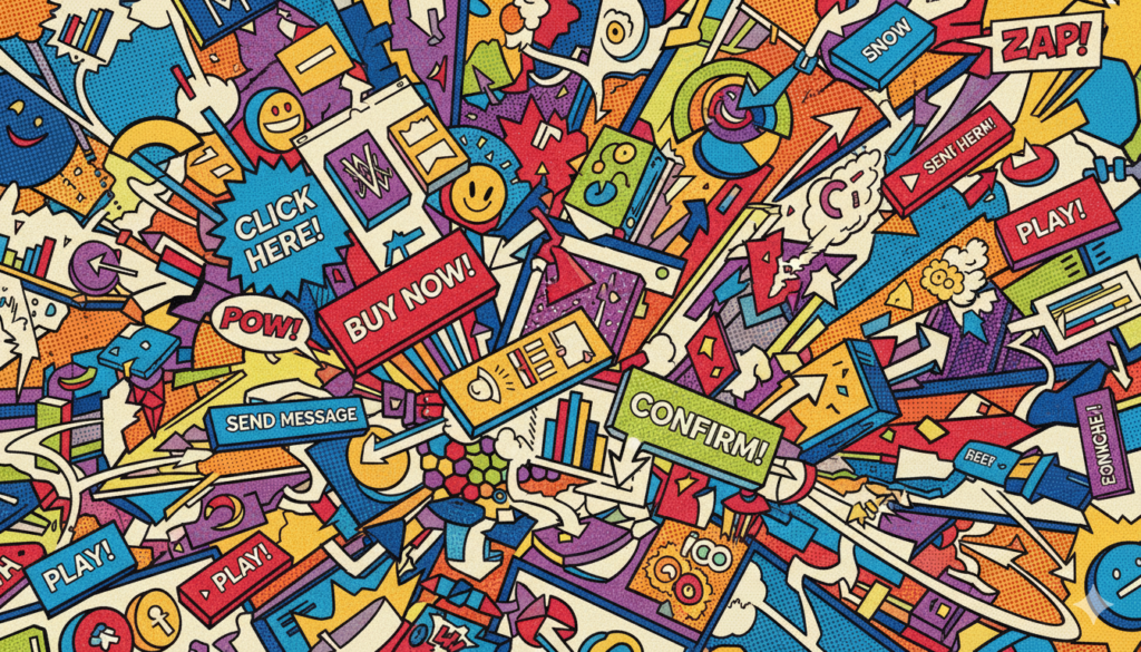 Un joyeux chaos d'éléments d'interface utilisateur colorés, dans le style bande dessinée des années 50.