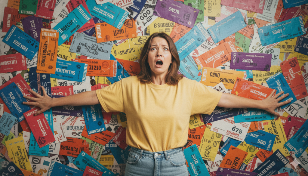Une femme à l'air paniqué, les bras écartés contre un mur couvert de petits papiers multicolores, regarde vers le haut à droite avec une expression effrayée, comme si quelque chose allait lui tomber dessus.