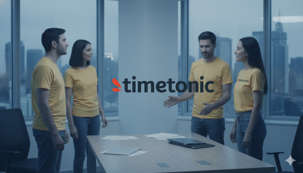 Personnes dans un bureau en train de discuter autour du logo de Timetonic