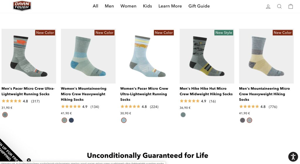 Page d'accueil du site web Darn Tough Socks