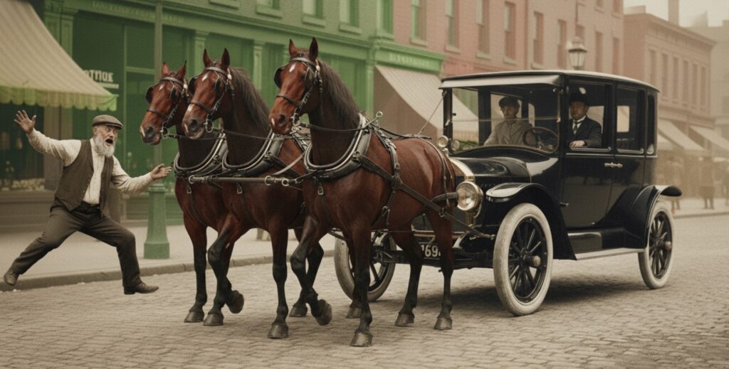 Trois chevaux attelés en train de tirer une vieille automobile dans une rue ancienne, tandis qu’un passant stupéfait observe la scène. Métaphore de l'a diffculté à imposer une évolution d'interface dans le monde du numérique.