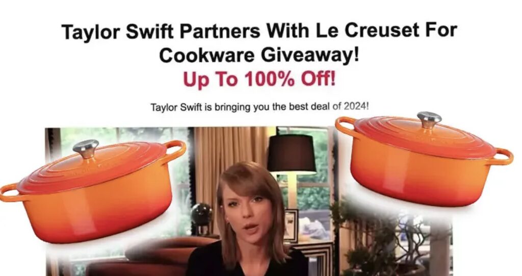 Montage publicitaire frauduleux utilisant l’apparence d’une célèbre chanteuse pour faire croire qu’elle offrirait des produits Le Creuset “jusqu’à 100 % off”. Il s’agit d’une arnaque courante où des escrocs fabriquent de faux visuels pour attirer les internautes vers des sites trompeurs ou de fausses promotions.