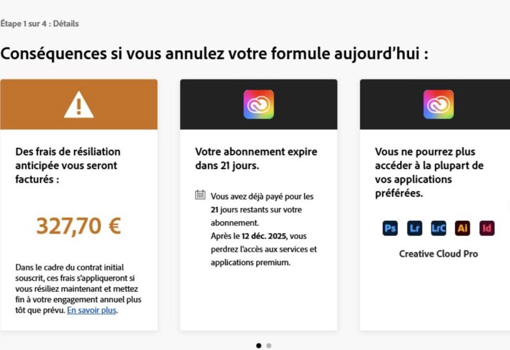 Capture d’écran de la page de résiliation d’un abonnement Adobe Creative Cloud affichant des frais de rupture anticipée de 327,70 €, l’expiration de l’abonnement dans 21 jours et un avertissement indiquant que l’utilisateur perdra l’accès à la plupart des applications comme Photoshop, Lightroom ou Illustrator.
