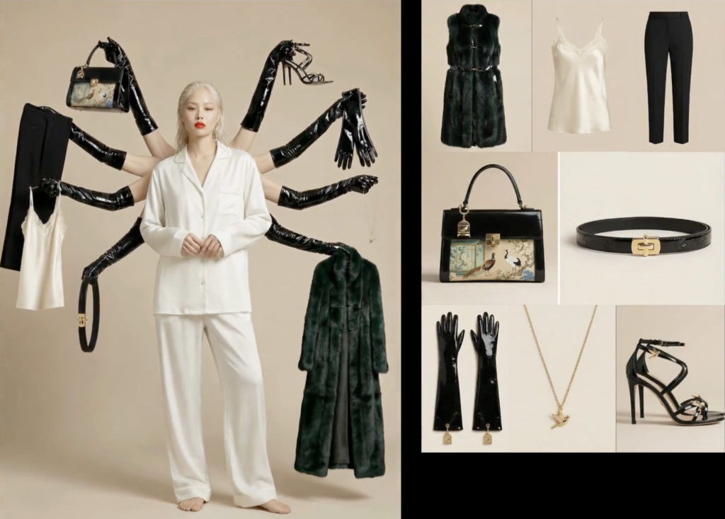 Une image présentant une collection de mode élégante et luxueuse. Sur la gauche, une femme aux cheveux clairs est debout, vêtue d'un ensemble de pyjama blanc en satin. Ses bras sont démultipliés et portent divers accessoires de mode noirs, incluant des gants longs en cuir verni, des sacs à main, des talons hauts, et une veste. À ses pieds, un manteau de fausse fourrure vert foncé est posé. Sur la droite de l'image, ces mêmes accessoires sont présentés individuellement : un haut de pyjama blanc, un pantalon noir, un gilet sans manches en fausse fourrure vert foncé, le sac à main, une ceinture noire vernie, les gants longs, un collier doré avec un pendentif oiseau, et une sandale à talon noire. La palette de couleurs dominante est le noir, le blanc et le vert foncé, avec des touches dorées.