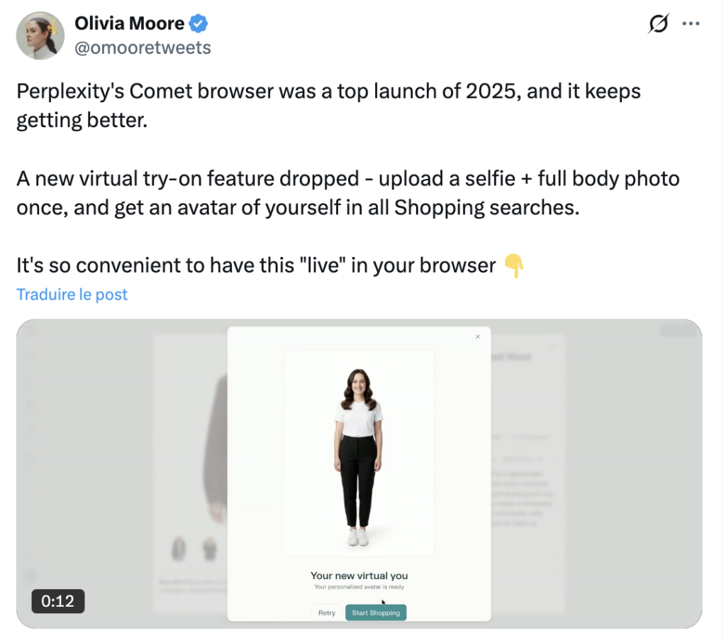 Démo du virtual try-on de Comet par Olivia Moore
