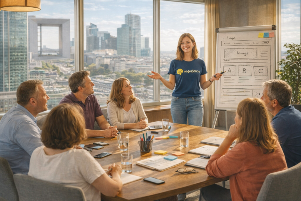 Une jeune femme portant un t-shirt bleu Wexperience anime une réunion autour d’une grande table en bois, face à six participants. Objectif : designer l'UX d'une app pro. Derrière elle, un paperboard affiche un plan de page web, tandis qu’à travers les fenêtres panoramiques on aperçoit les tours de La Défense baignées de lumière du jour.