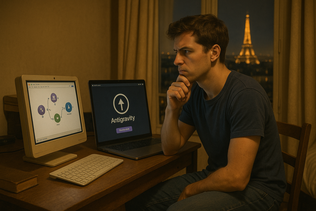 Jeune homme en jean et t-shirt bleu marine est assis à son bureau, observant alternativement deux ordinateurs posés devant lui. L’un affiche une interface rappelant Make, l’autre une application nommée Antigravity. La scène se déroule de nuit dans sa chambre parisienne, avec la skyline de Paris visible par la fenêtre.