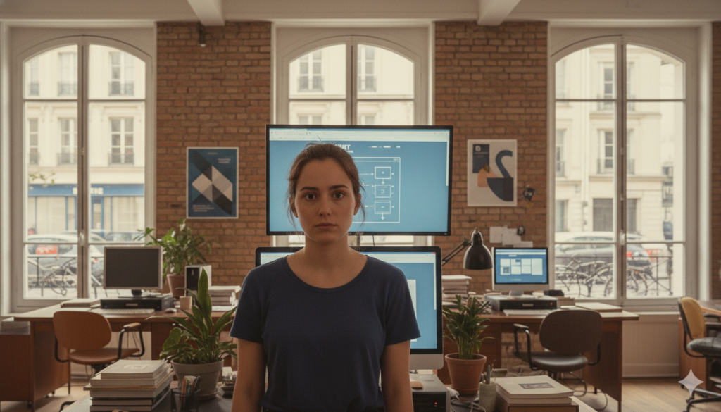 Jeune femme se tenant au centre d'un bureau, fixant le spectateur avec une expression perplexe. Derrière elle, on aperçoit plusieurs postes de travail équipés d'écrans d'ordinateur affichant des plans de pages web, le tout dans un cadre qui suggère une agence de création digitale à Paris