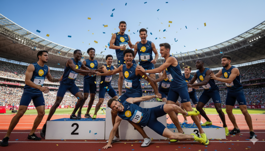 Dix sprinteurs, arborant le logo Wexperience sur leurs maillots numérotés, se bousculent avec entrain pour les trois places d'un podium olympique, créant une scène amusante et pleine de vie sous un soleil radieux.