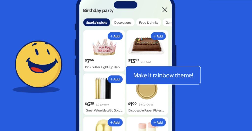 Interface d'application mobile Walmart montrant une liste de courses pour un anniversaire. Une commande vocale 'Make it rainbow theme' illustre la modification instantanée des produits suggérés par l'assistant virtuel Sparky."