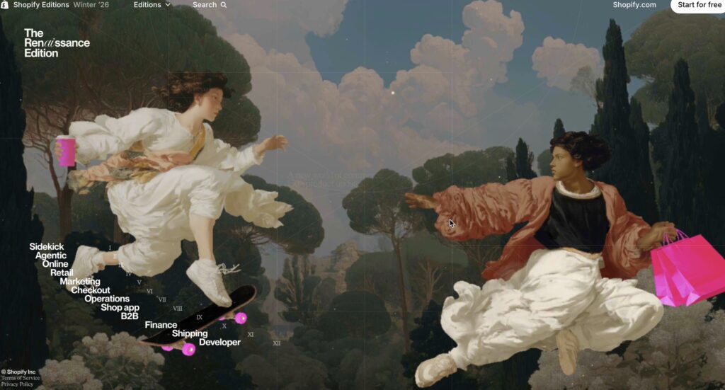 Page d'accueil de Shopify Renaissance Edition qui dévoile la nouvelle ère Renaissance de la plateforme en fusionnant art classique et éléments modernes comme un skateboard. Elle présente l'ensemble des nouveautés de cette Edition hivernale via une liste de fonctionnalités incurvée suivant le mouvement des personnages. C'est une introduction visuelle forte aux mises à jour stratégiques et à l'intelligence artificielle de l'écosystème Shopify.
