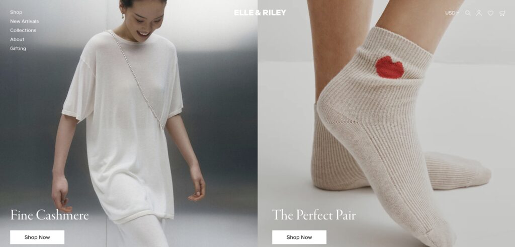 Page d'accueil du site web de Elle & Riley, divisée en deux sections promotionnelles distinctes mettant en valeur leurs produits en maille. Sur la gauche, une mannequin porte une longue tunique blanche fluide sous le texte "Fine Cashmere", tandis que la droite présente un gros plan sur des chaussettes beiges ornées d'un motif de lèvres rouges sous le titre "The Perfect Pair". L'ensemble dégage une esthétique minimaliste et épurée, accompagnée de menus de navigation et de boutons "Shop Now" invitant à l'achat
