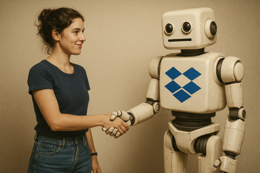 Femme designeuse en train de serrer la main d'un robot avec le logo Dropbox