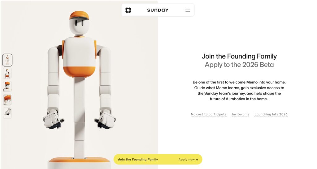 Page de présentation du robot domestique Memo par Sunday, montrant un robot humanoïde blanc et orange sur fond clair, avec un message invitant à rejoindre le programme bêta 2026 et le bouton « Join the Founding Family »