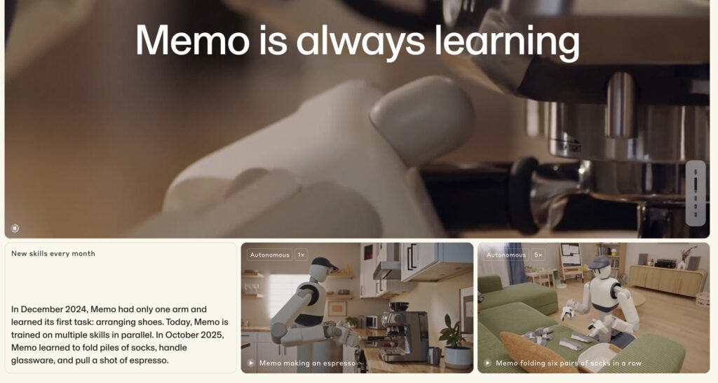 Section d’une page web montrant le robot domestique Memo réalisant différentes tâches ménagères, avec un message indiquant l’apprentissage progressif de nouvelles compétences et une chronologie visuelle des usages.