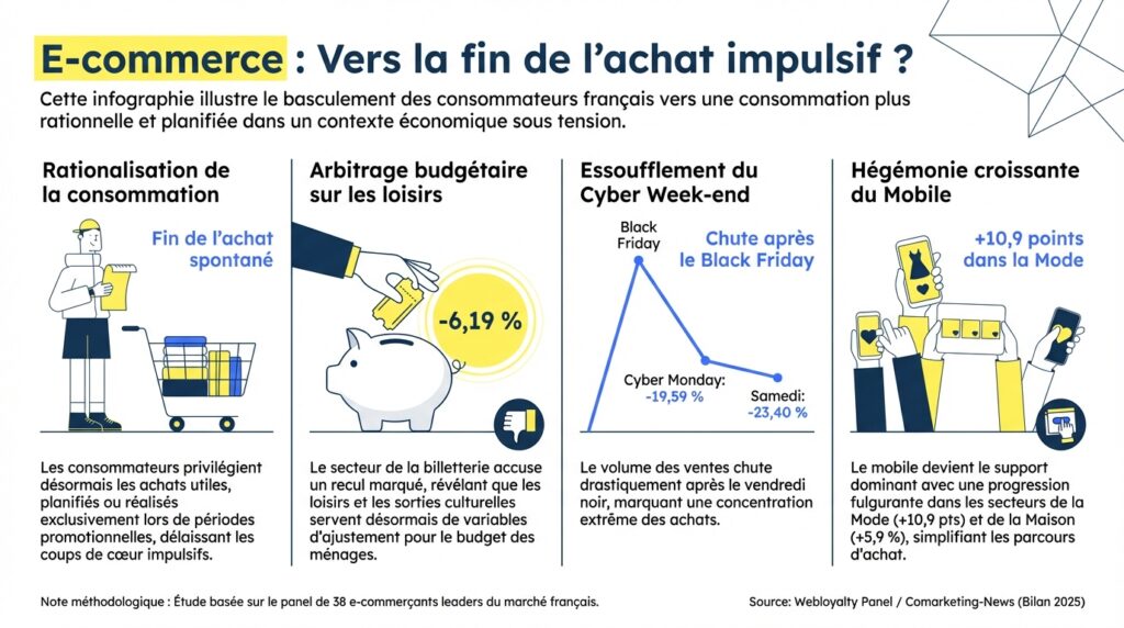 Dans un contexte économique sous tension, les comportements d’achat en ligne des consommateurs français évoluent profondément. Cette infographie met en lumière une rationalisation des dépenses, marquée par le recul des achats impulsifs au profit d’achats plus utiles, planifiés ou concentrés sur les périodes promotionnelles.
Elle souligne également un arbitrage budgétaire défavorable aux loisirs, l’essoufflement du Cyber Week-end avec une forte concentration des ventes sur le Black Friday, ainsi que la montée en puissance du mobile comme canal d’achat dominant, notamment dans les secteurs de la mode et de la maison.
Un signal fort pour les e-commerçants : la performance ne repose plus sur l’urgence artificielle, mais sur la valeur perçue, la simplicité des parcours et le bon timing.