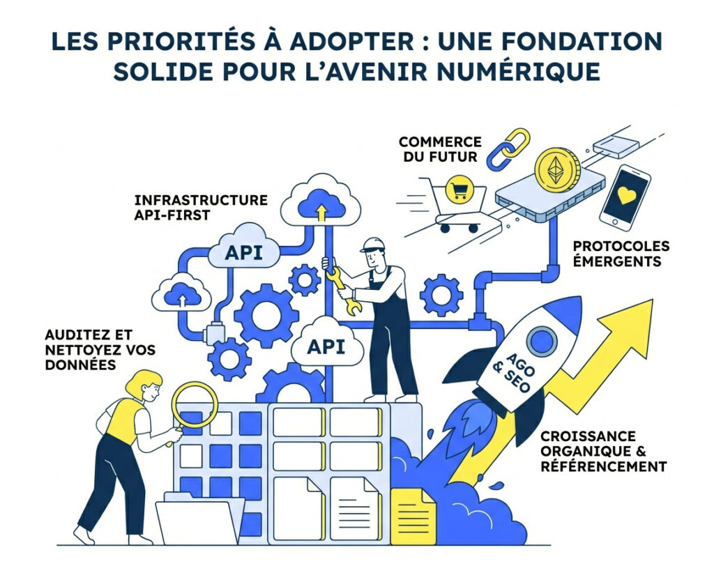 Les priorités à adopter : Auditez votre fondation de données.

Construisez une infrastructure API-first.

Implémentez l'AGO en parallèle du SEO.

Adoptez les protocoles de commerce émergents.